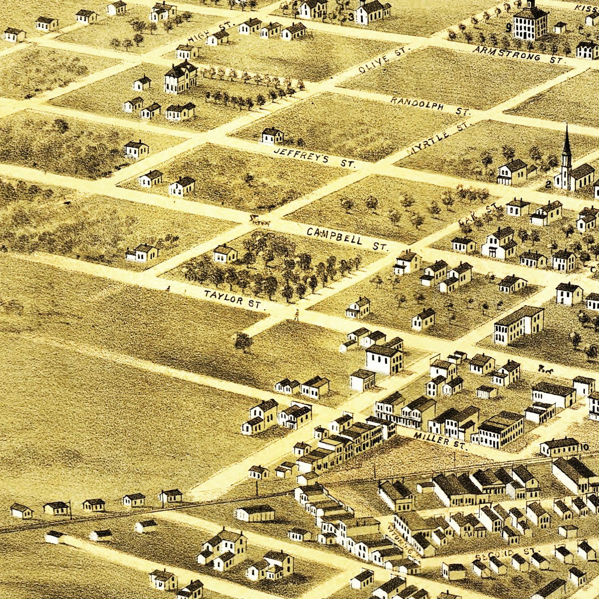 Restored historic details from the 1869 city map of Pleasant Hill, Missouri