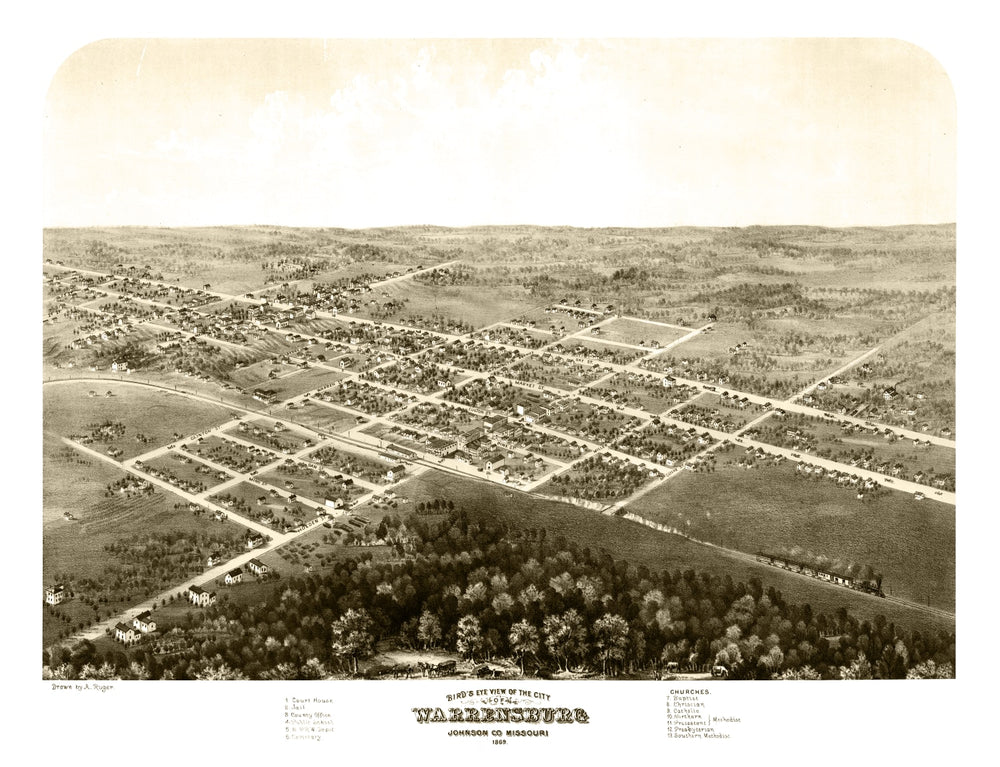 Vintage Map of Warrensburg, Missouri 1869 print style example