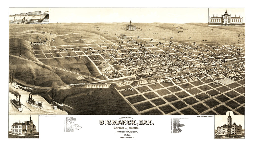 Vintage Map of Bismarck, North Dakota 1883 print style example