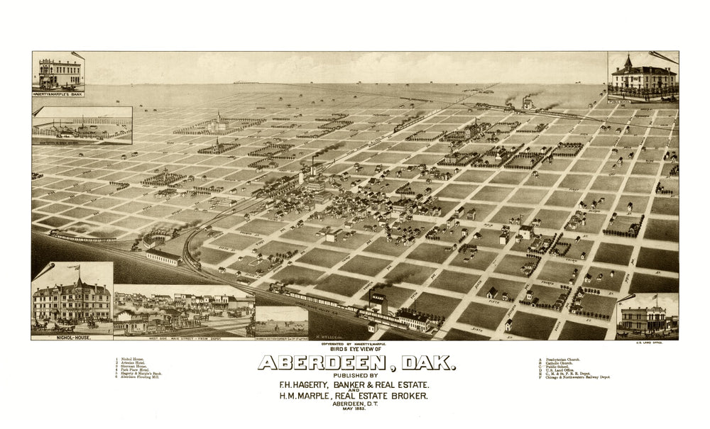 Vintage Map of Aberdeen, South Dakota 1883 print style example