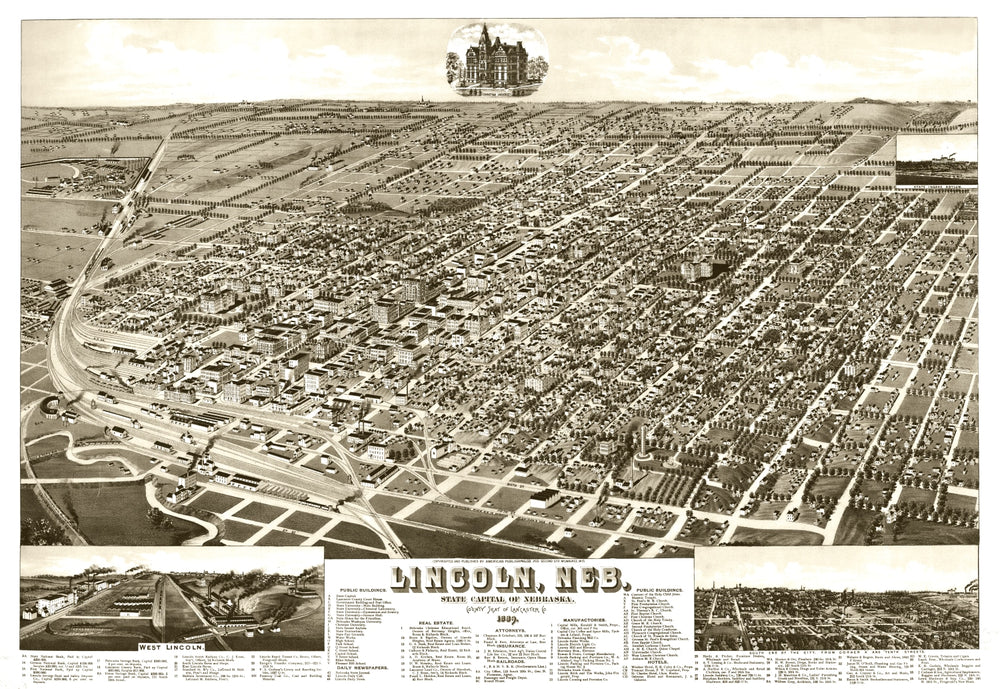 Vintage Map of Lincoln, Nebraska 1889 print style example