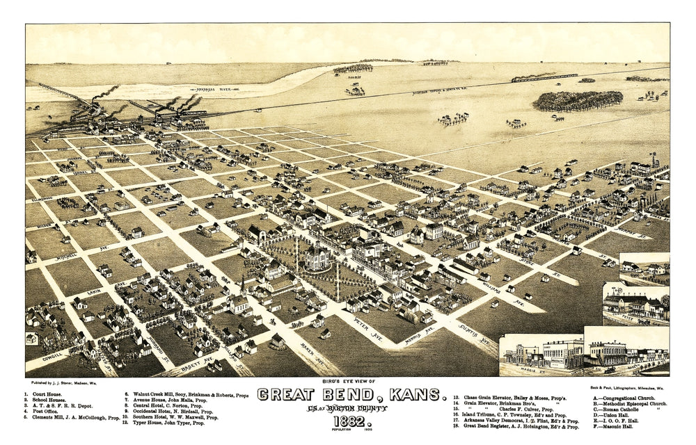 Vintage Map of Great Bend, Kansas 1882 print style example
