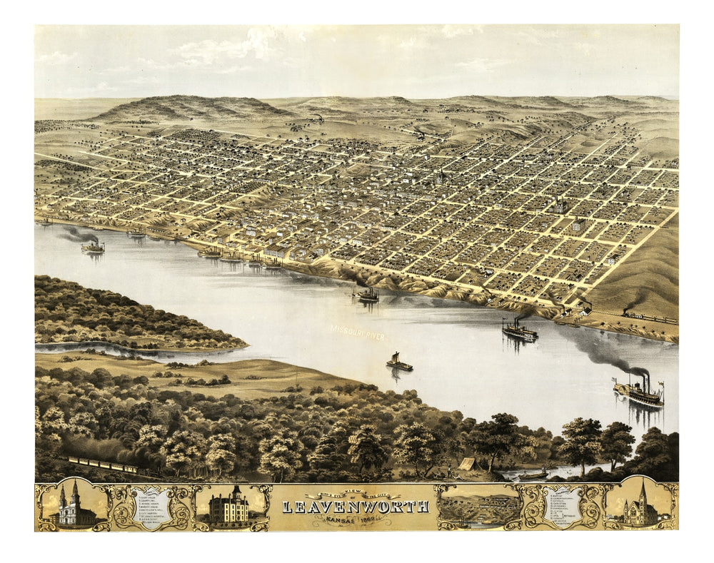 Vintage Map of Leavenworth, Kansas 1869 print style example