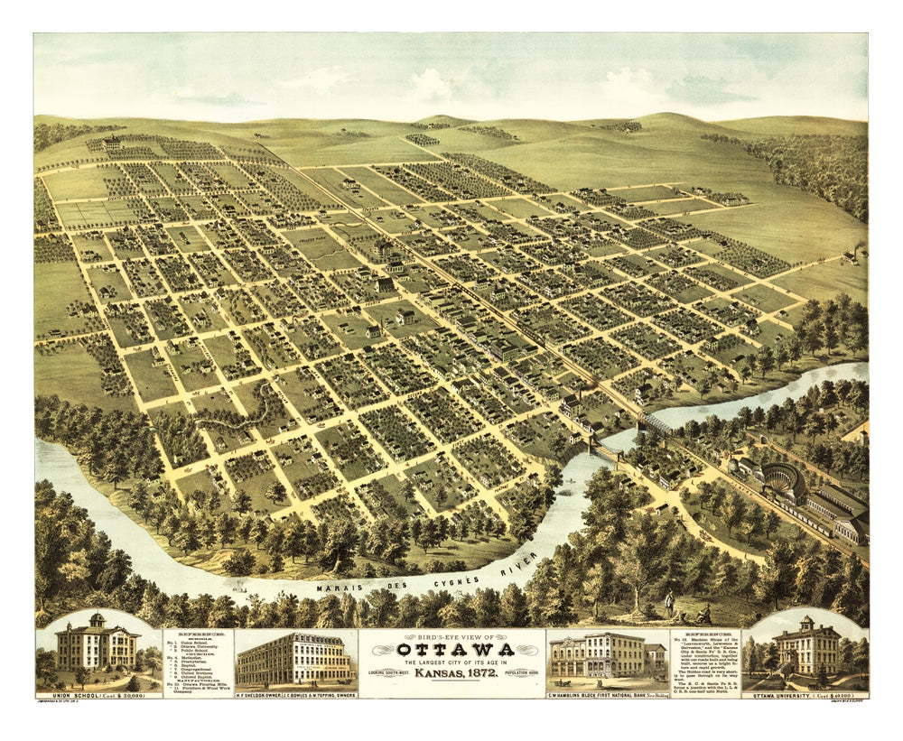 Vintage Map of Ottawa, Kansas 1872 print style example