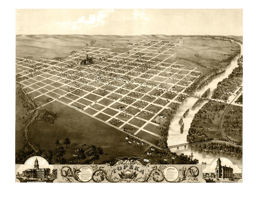 Vintage Map of Topeka, Kansas 1869 print style example