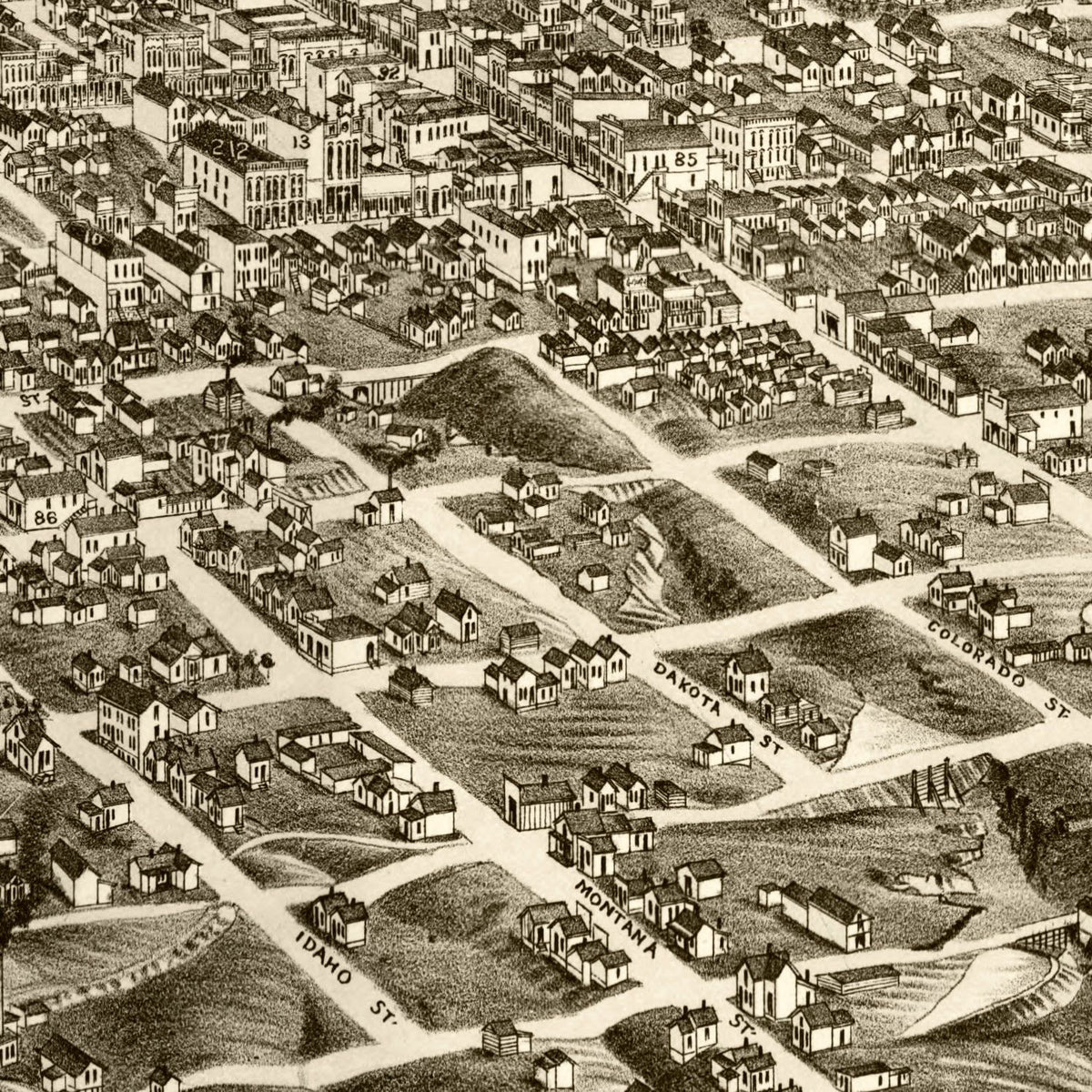 Restored historic details from the 1884 city map of Butte City, Montana