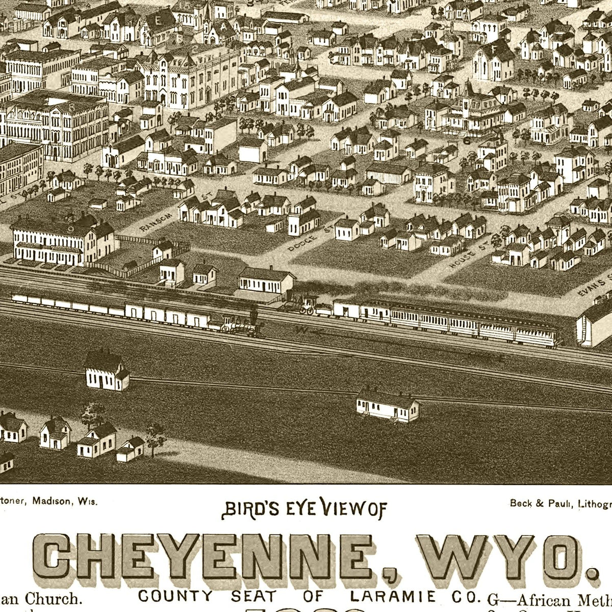 Restored historic details from the 1882 city map of Cheyenne, Wyoming