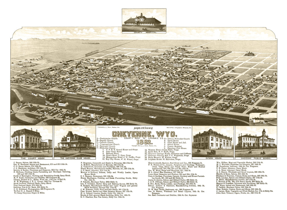 Vintage Map of Cheyenne, Wyoming 1882 print style example
