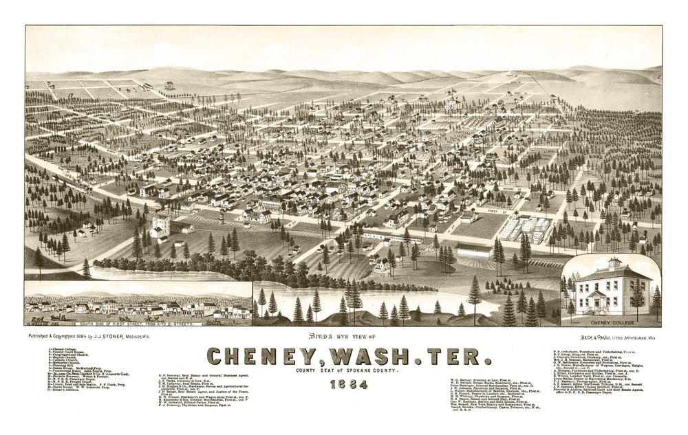Vintage Map of Cheney, Washington 1884 print style example