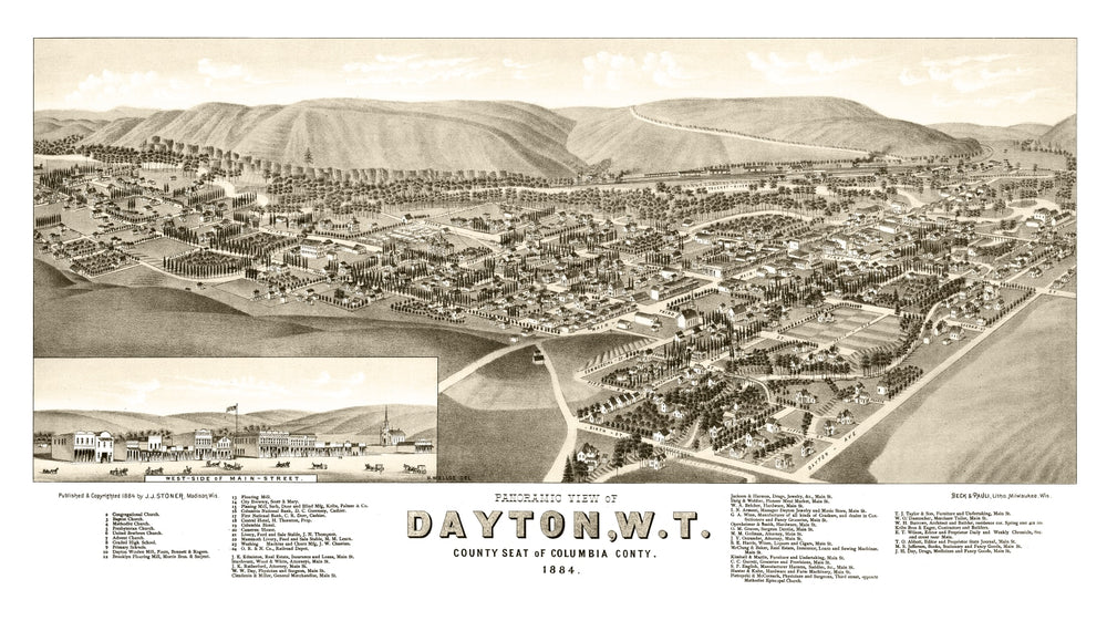 Vintage Map of Dayton, Washington 1884 print style example
