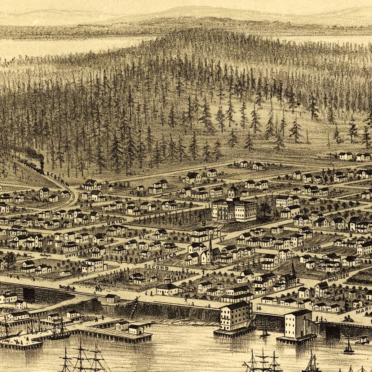 Restored historic details from the 1878 city map of Seattle, Washington