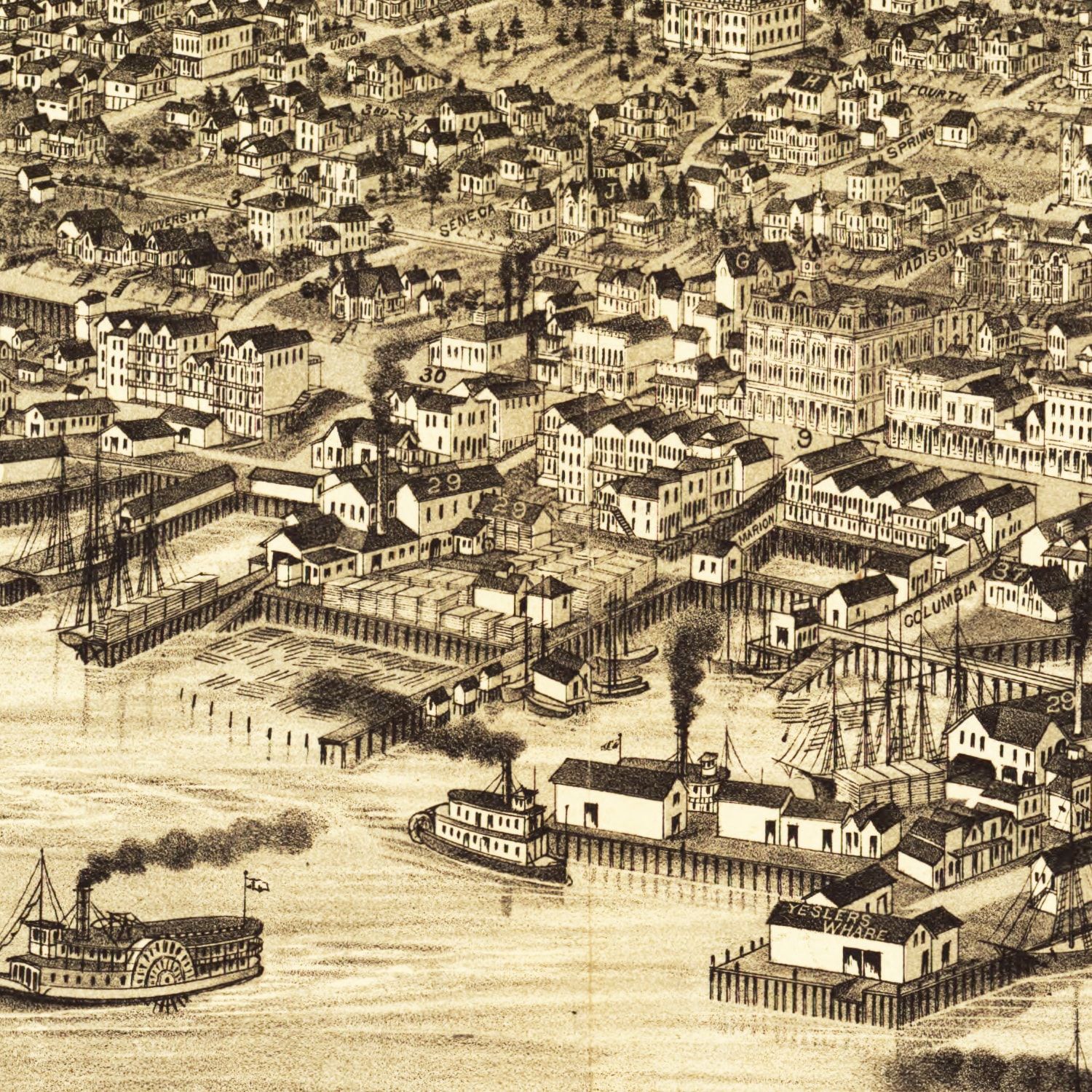Restored historic details from the 1884 city map of Seattle, Washington