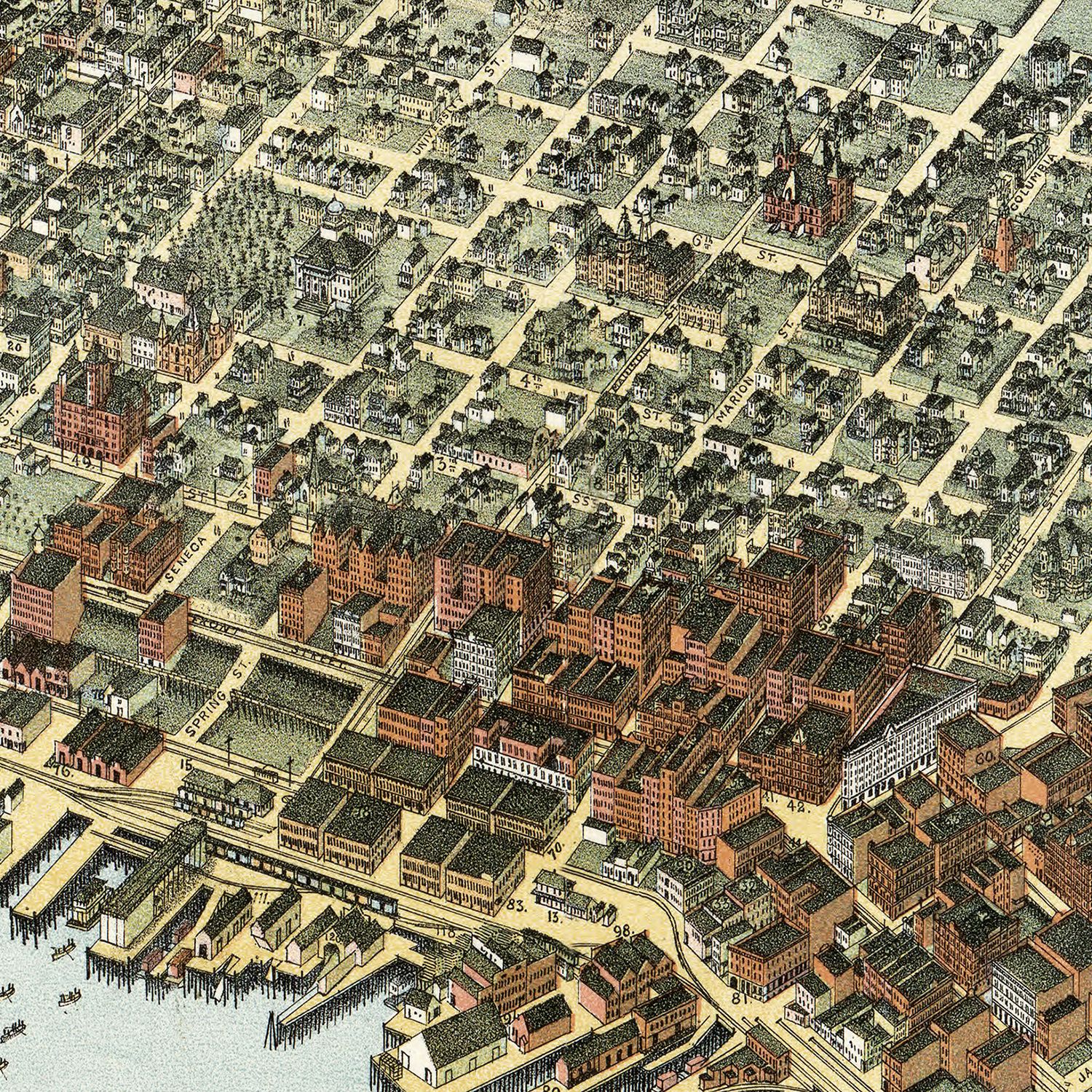 Restored historic details from the 1891 city map of Seattle, Washington