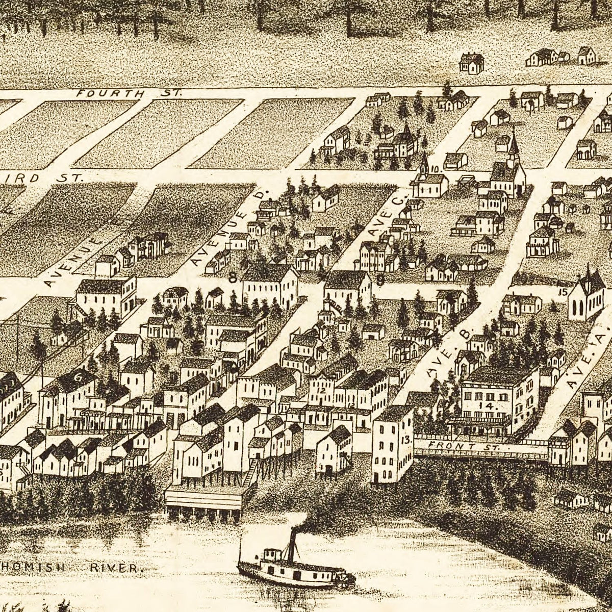 Restored historic details from the 1890 city map of Snohomish, Washington