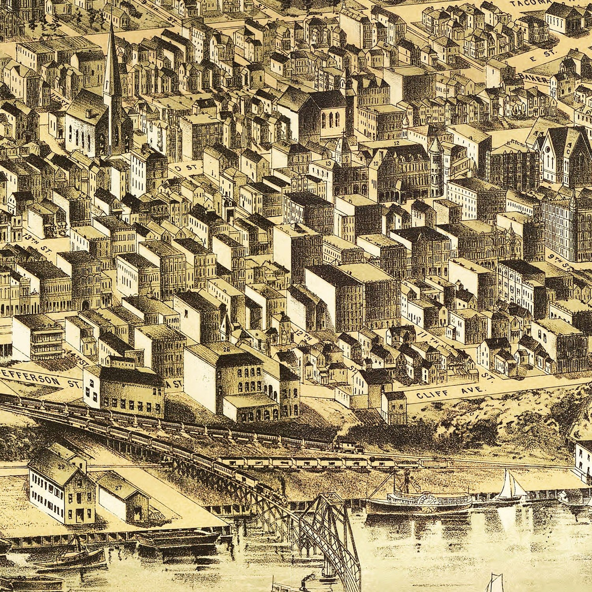 Restored historic details from the 1890 city map of Tacoma, Washington