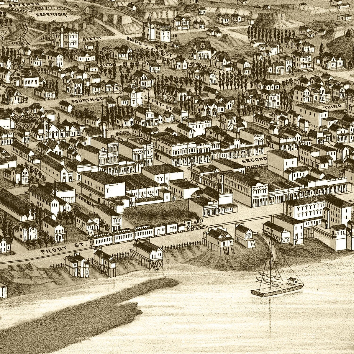 Restored historic details from the 1884 city map of Dalles, Oregon