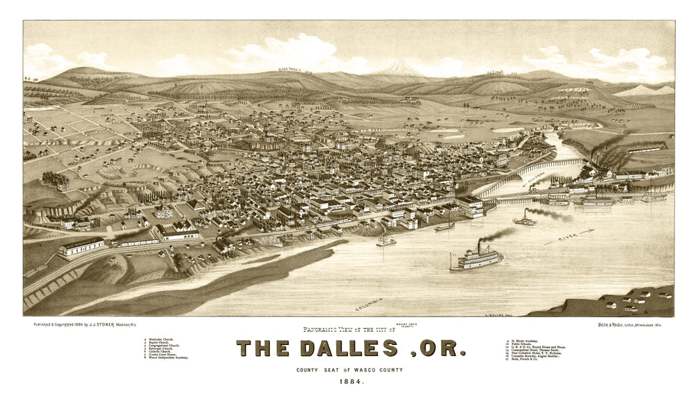 Vintage Map of Dalles, Oregon 1884 print style example