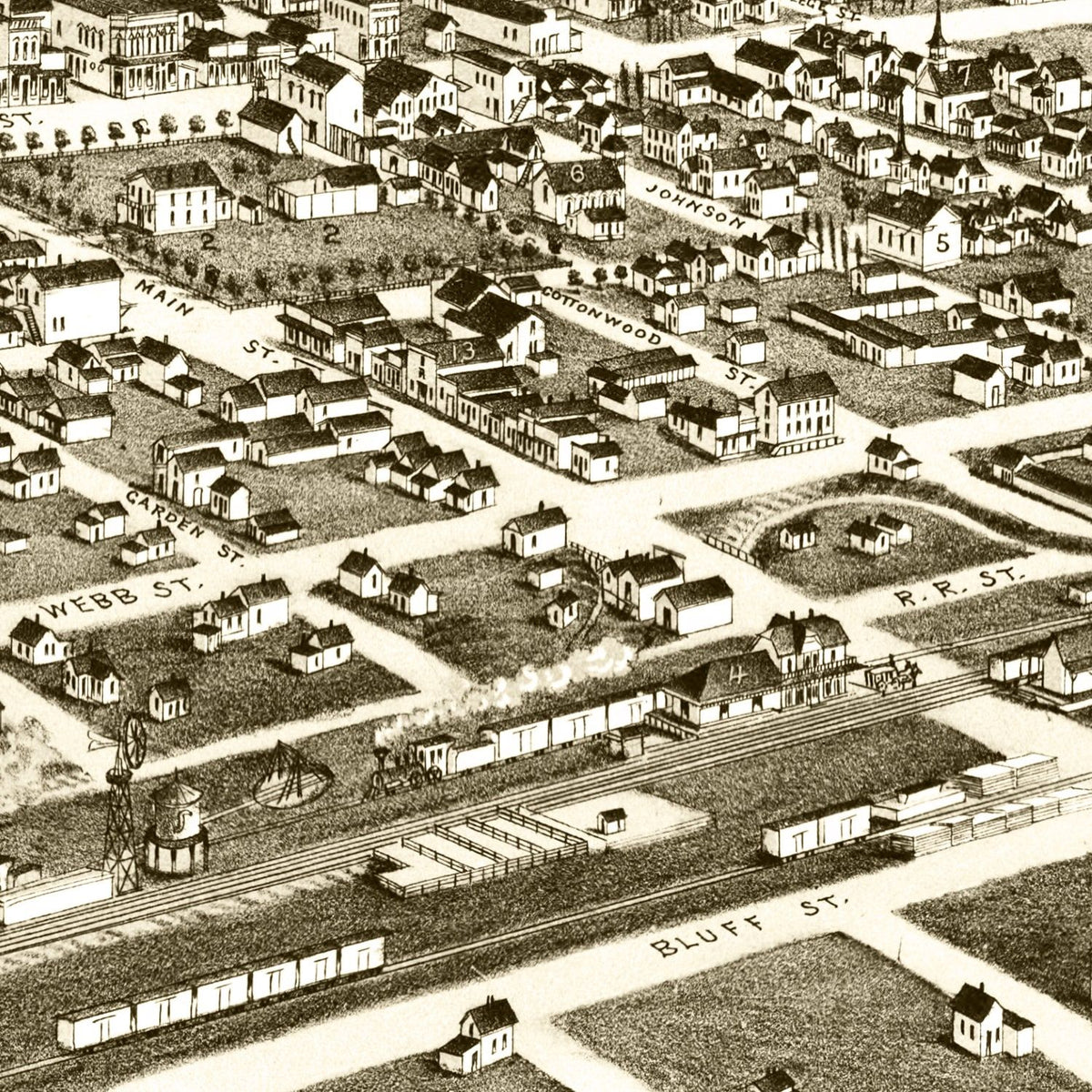 Restored historic details from the 1884 city map of Pendleton, Oregon
