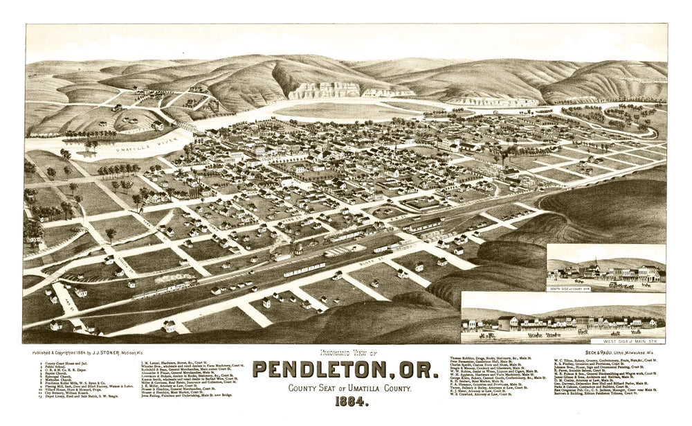 Vintage Map of Pendleton, Oregon 1884 print style example