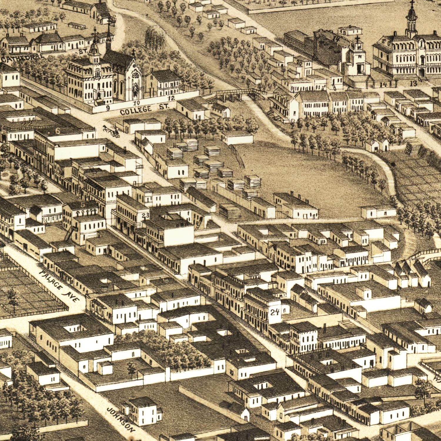 Restored historic details from the 1882 city map of Santa Fe, New Mexico