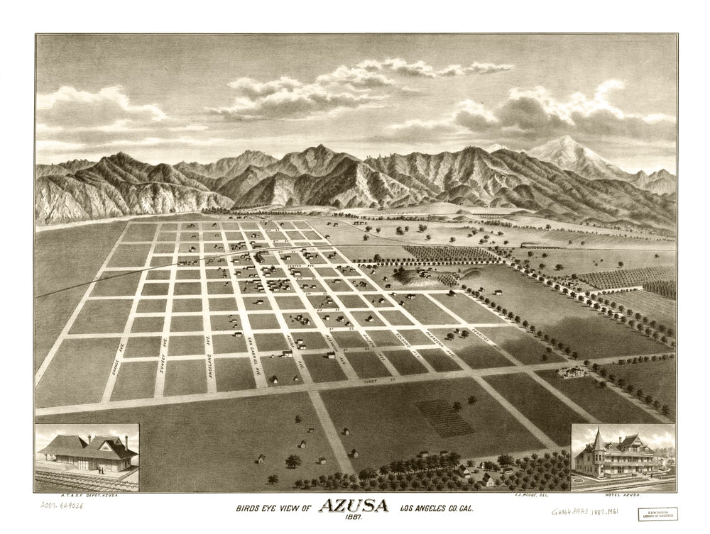 Vintage Map of Azusa, California 1887 print style example