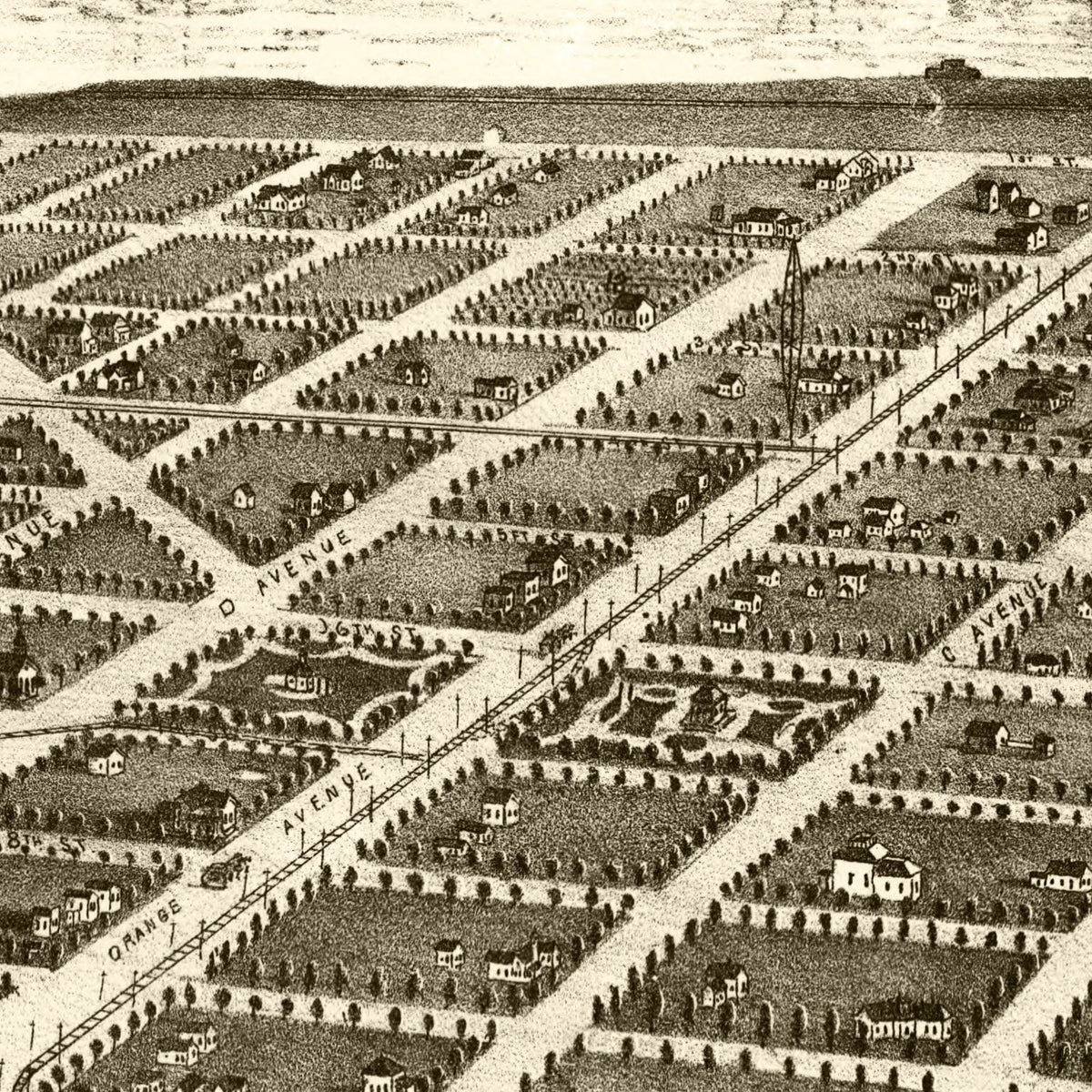 Restored historic details from the 1880 city map of San Diego, California