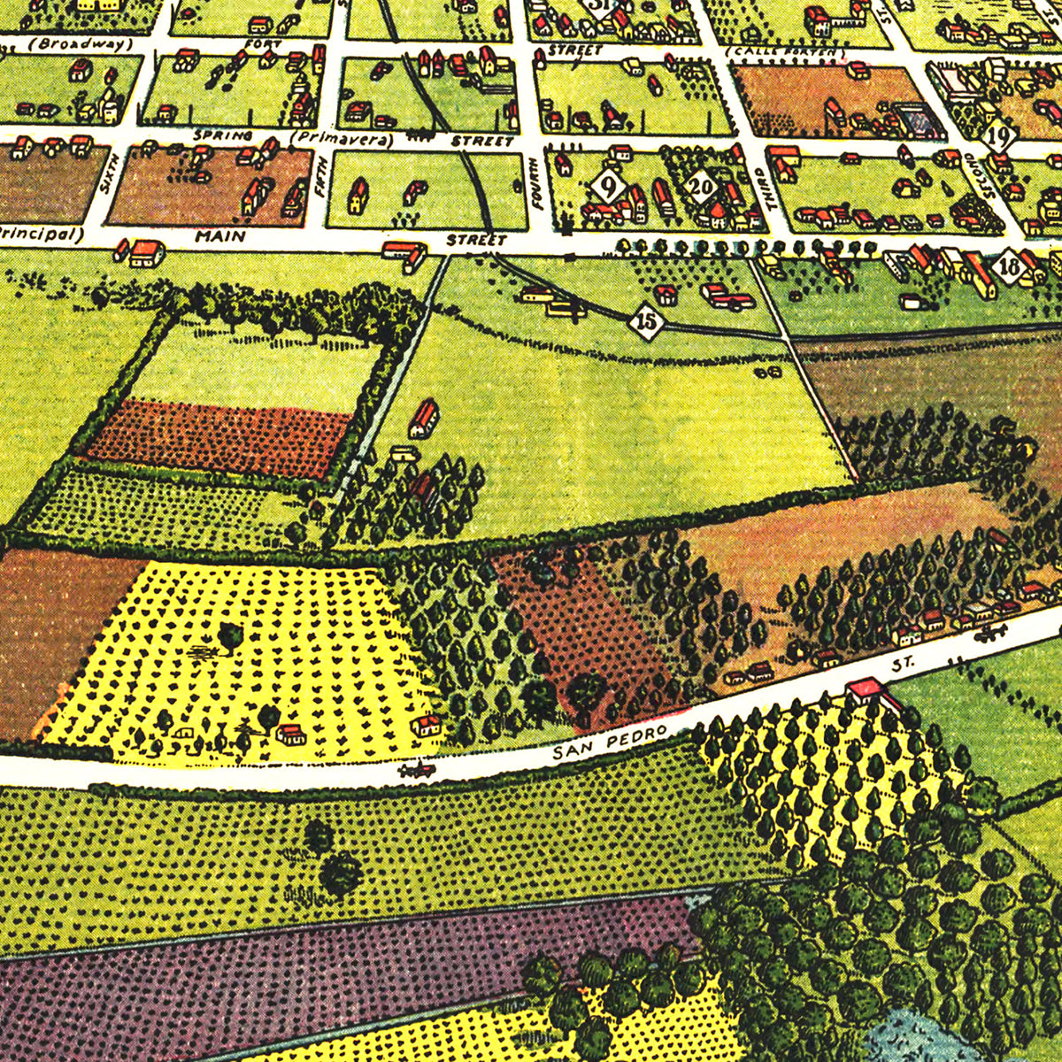 Restored historic details from the 1871 city map of Los Angeles, California