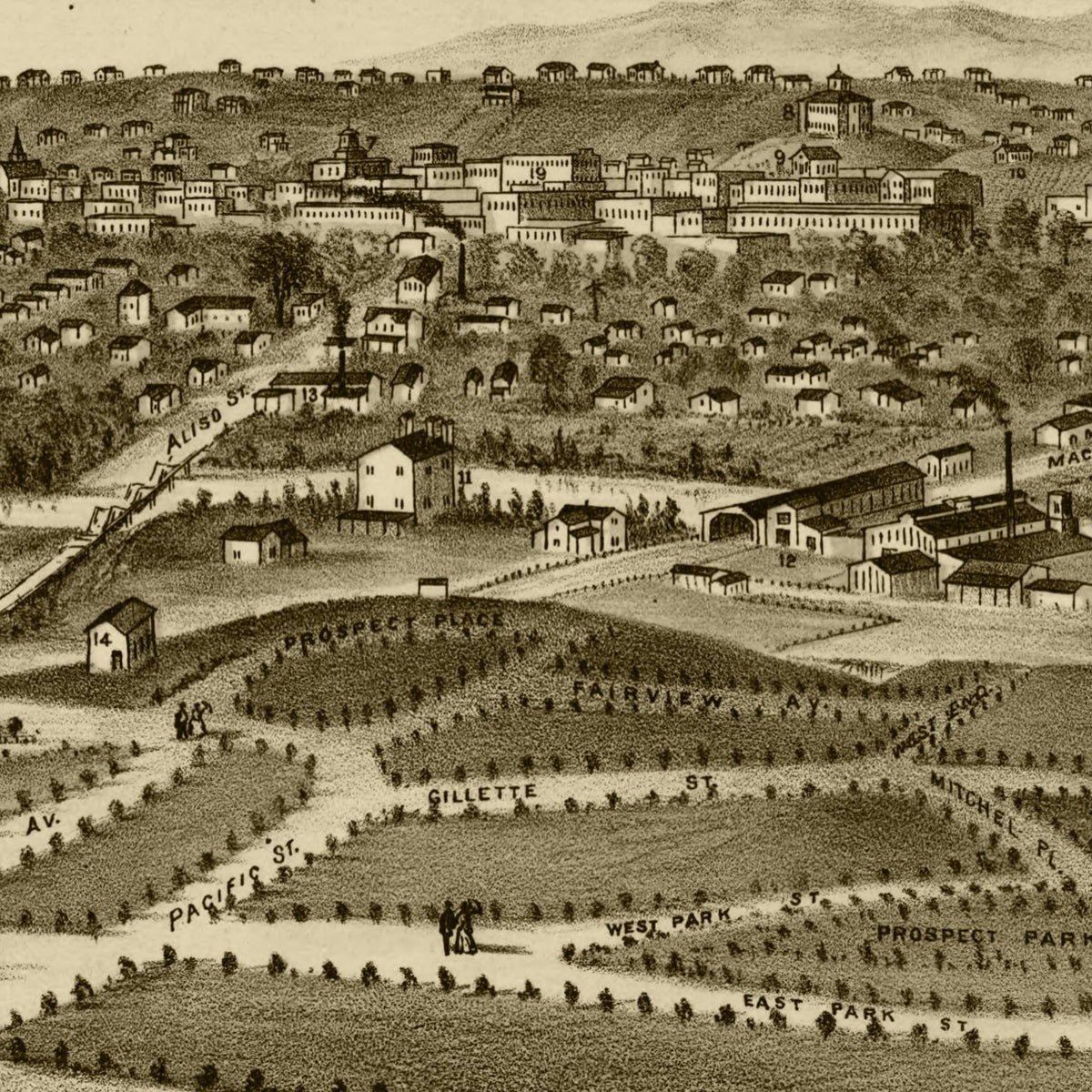 Restored historic details from the 1877 city map of Los Angeles, California