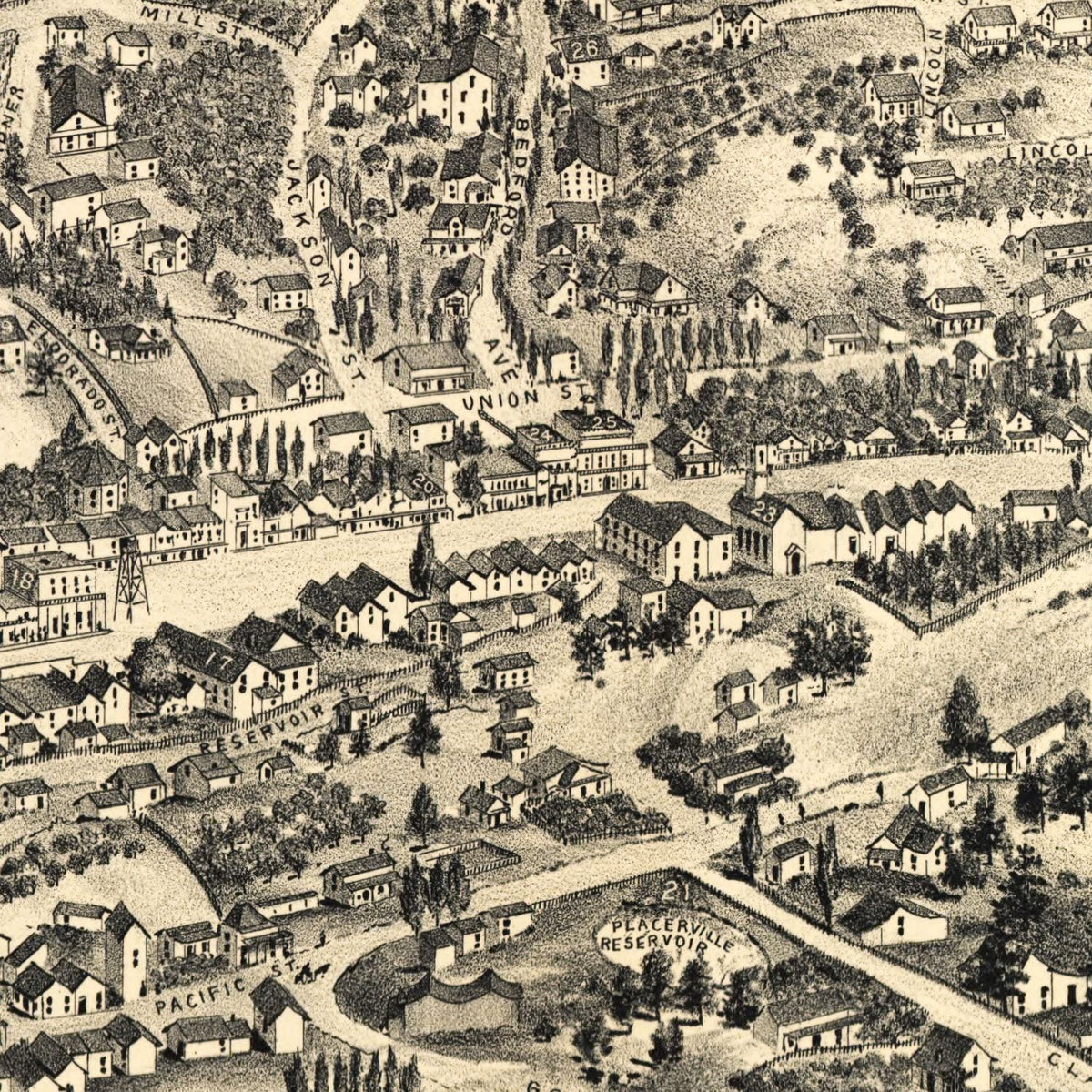 Restored historic details from the 1888 city map of Placerville, California