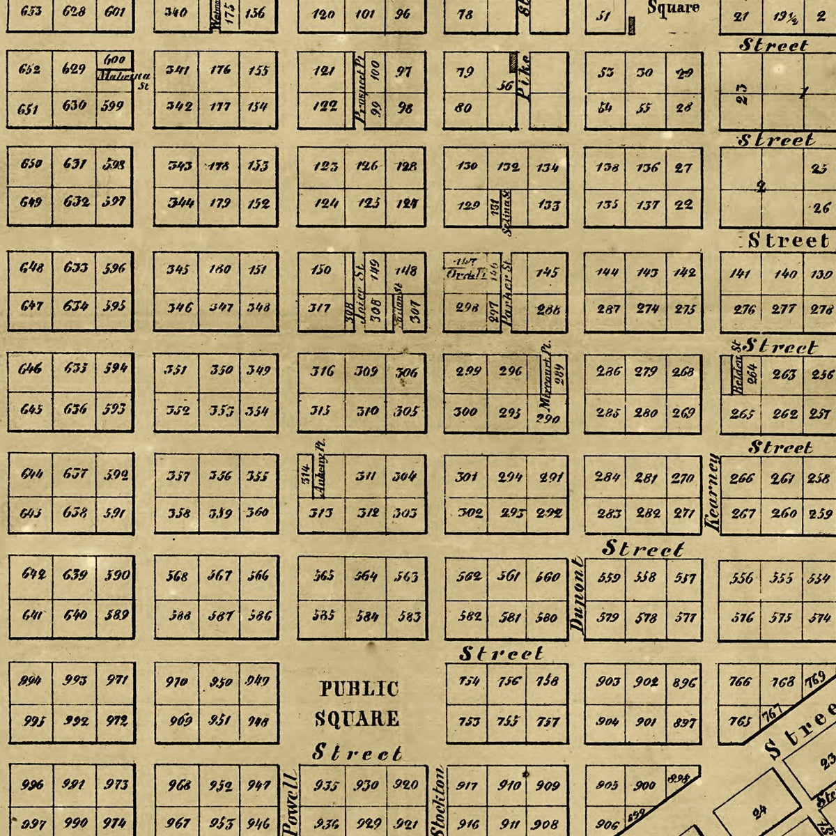 Restored historic details from the 1849 city map of San Francisco, California