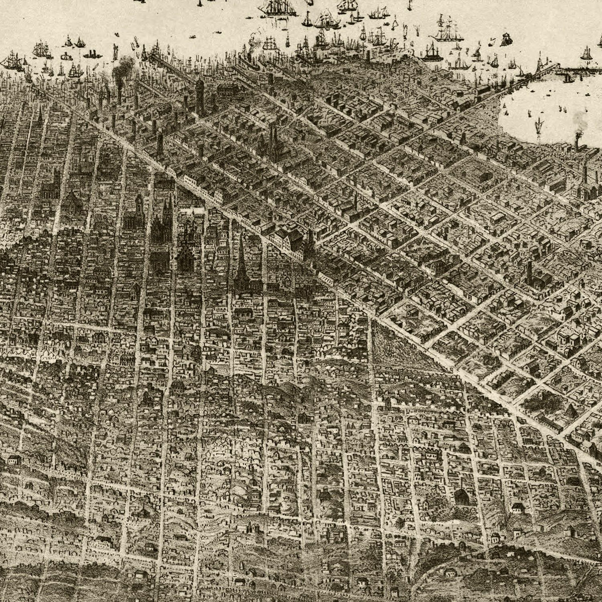 Restored historic details from the 1868 city map of San Francisco, California