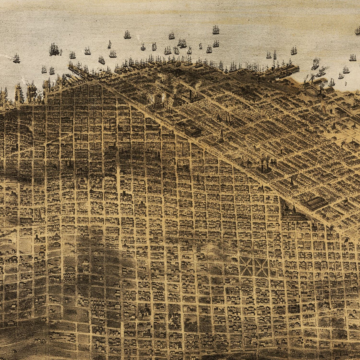 Restored historic details from the 1876 city map of San Francisco, California