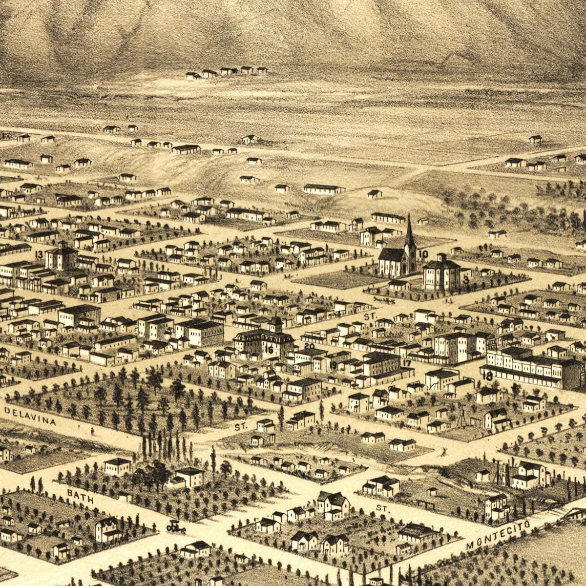 Restored historic details from the 1877 city map of Santa Barbara, California
