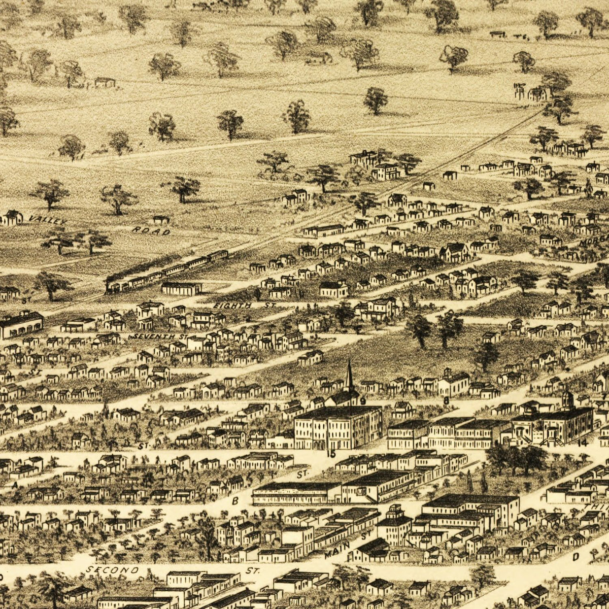 Restored historic details from the 1876 city map of Santa Rosa, California