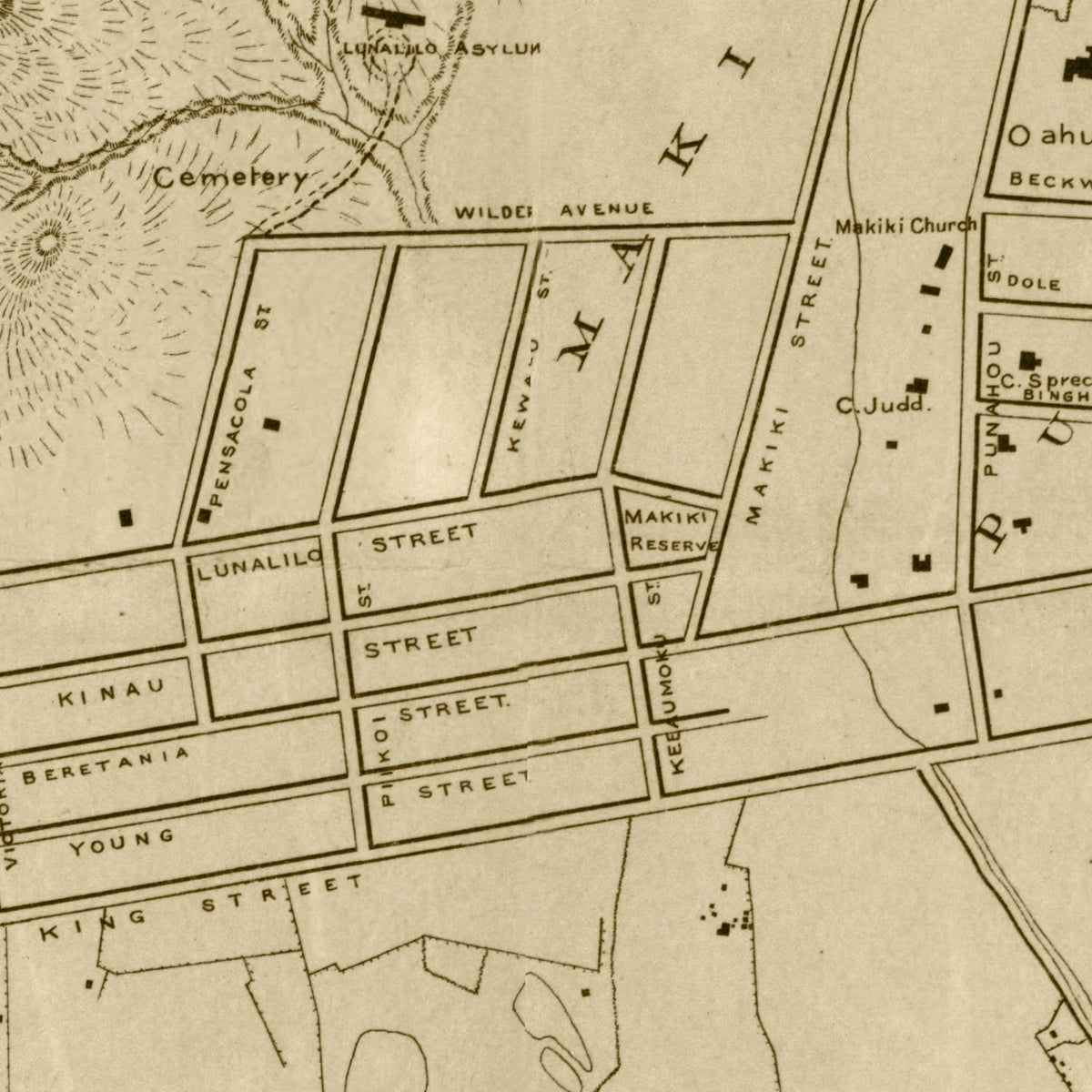 Restored historic details from the 1887 city map of Honolulu, Hawaii