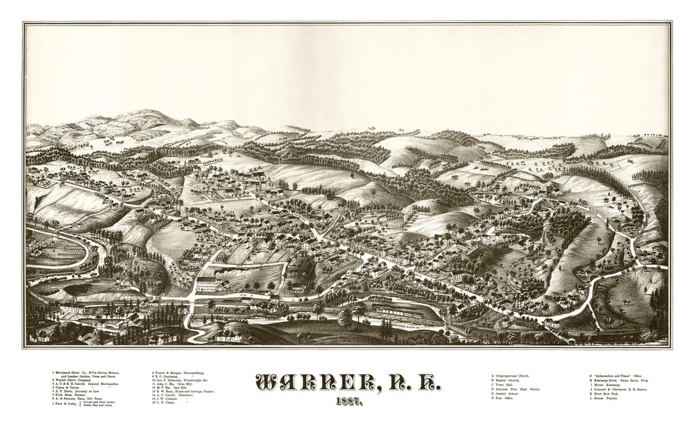 Vintage Map of Warner, New Hampshire 1887 print style example
