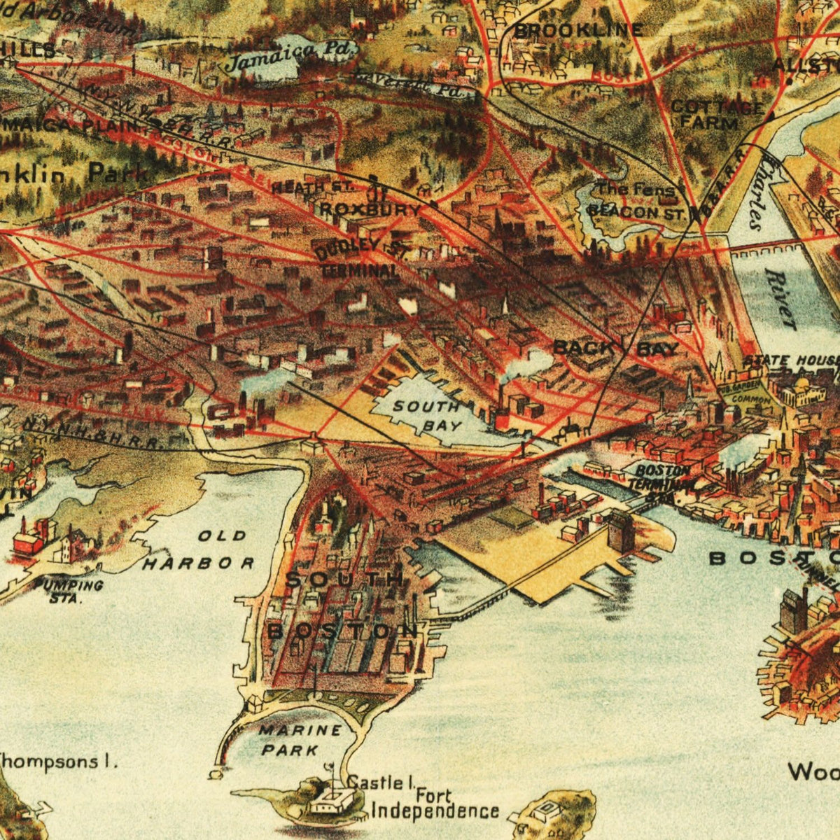 Restored historic details from the 1905 city map of Boston, Massachusetts