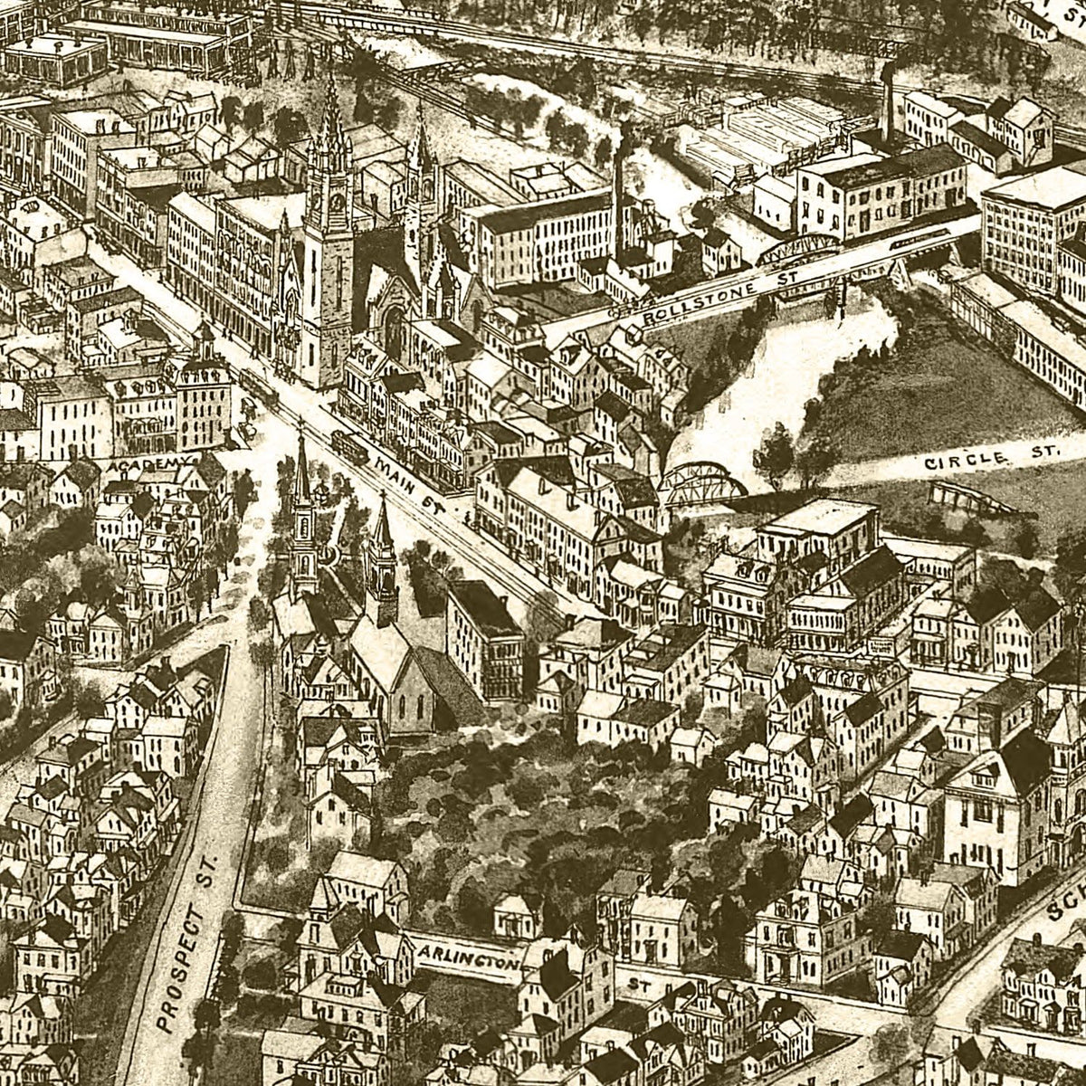 Restored historic details from the 1915 city map of Fitchburg, Massachusetts