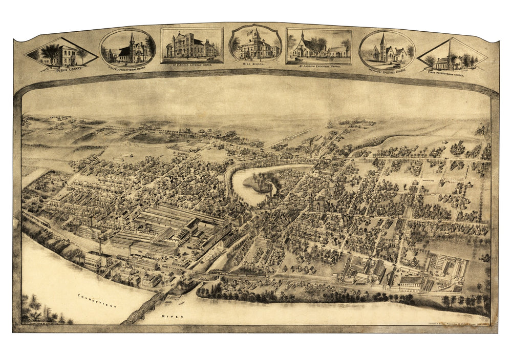 Vintage Map of Thompsonville - Enfield, Connecticut 1908 print style example