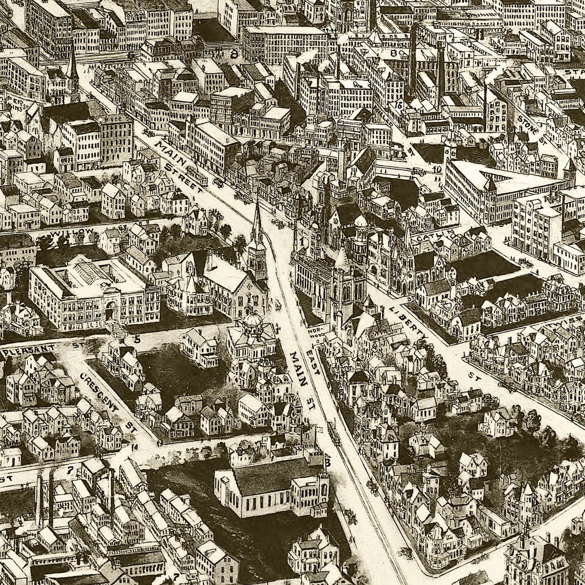 Restored historic details from the 1918 city map of Meriden, Connecticut