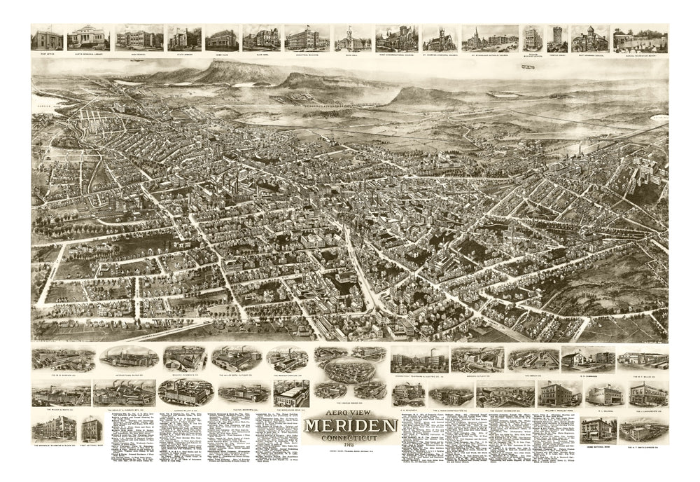 Vintage Map of Meriden, Connecticut 1918 print style example