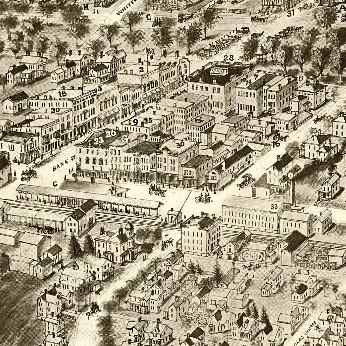 Restored historic details from the 1906 city map of New Milford, Connecticut
