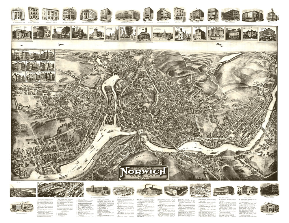 Vintage Map of Norwich, Connecticut 1912 print style example