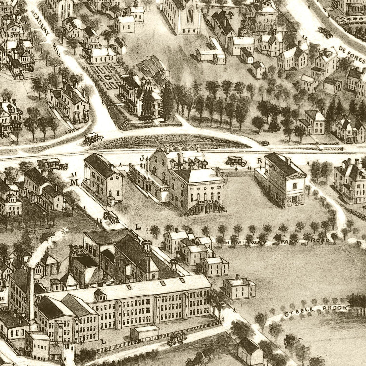 Restored historic details from the 1918 city map of Watertown, Connecticut
