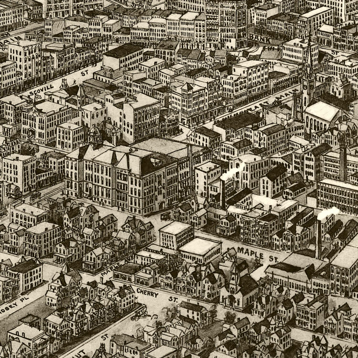 Restored historic details from the 1917 city map of Waterbury, Connecticut