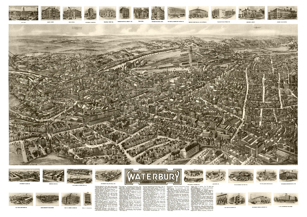 Vintage Map of Waterbury, Connecticut 1917 print style example