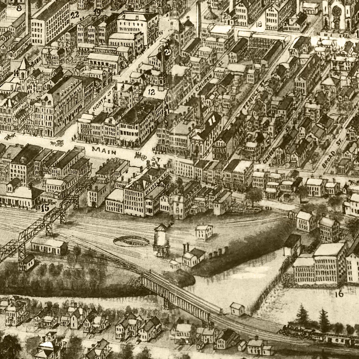 Restored historic details from the 1909 city map of Willimantic, Connecticut