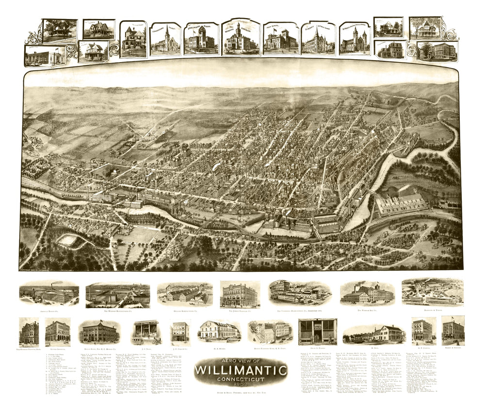 Vintage Map of Willimantic, Connecticut 1909 print style example