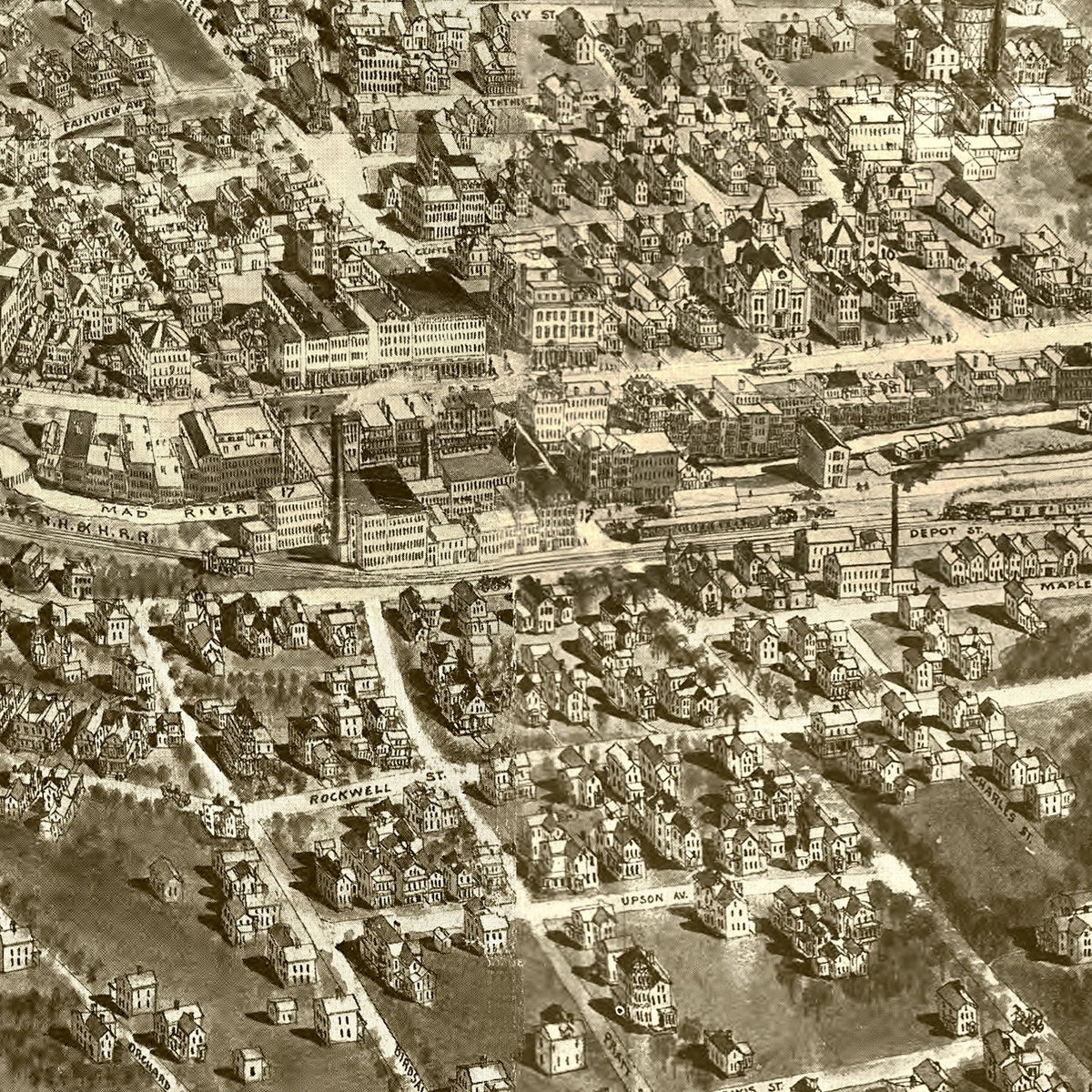 Restored historic details from the 1908 city map of Winsted, Connecticut