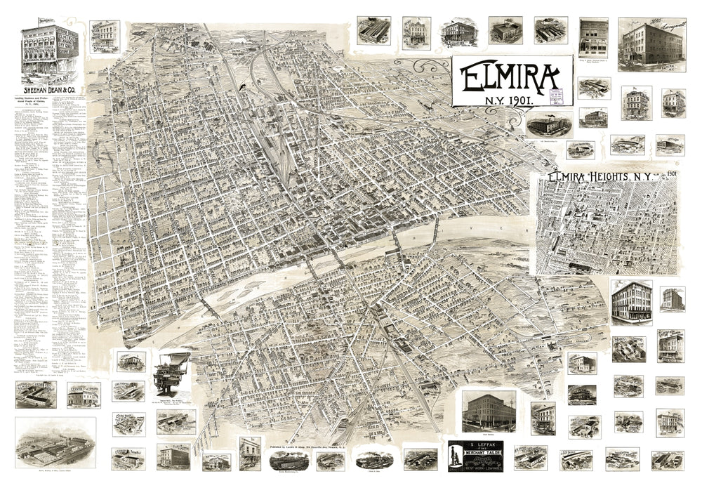 Vintage Map of Elmira, New York 1901 print style example